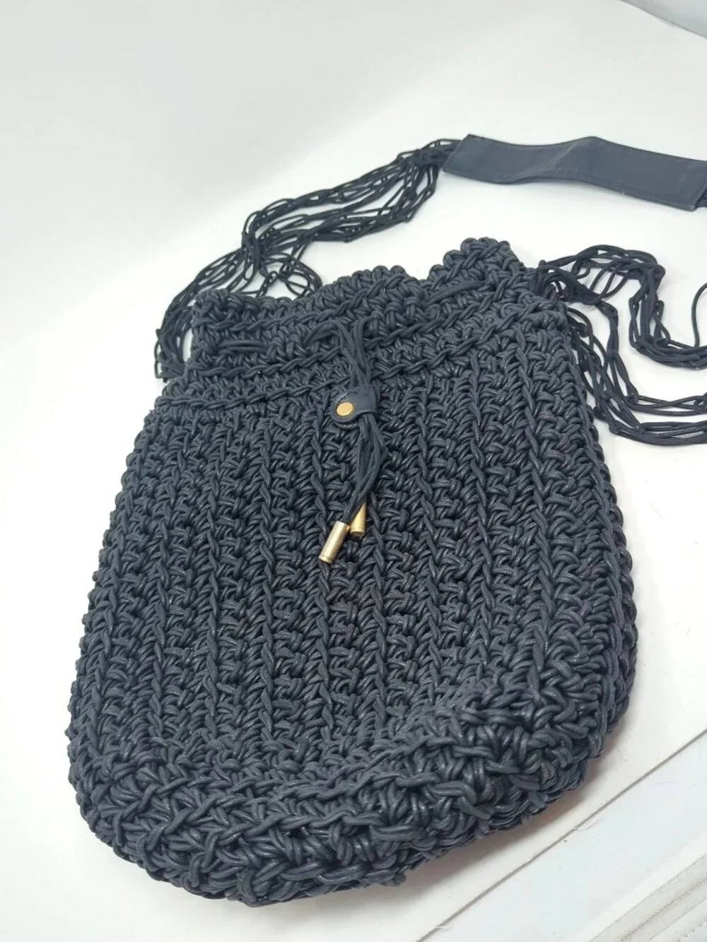 Vintage 90s Sharif Bag Shoulder Black Bucket Leather Woven Handmade